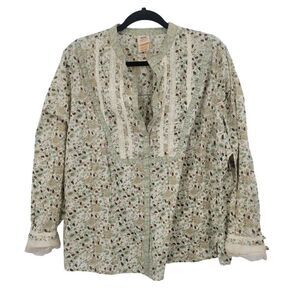 Vintage‎ Ditsy Floral Blouse 18W/20W Green Lace Bib Button Boho Cottagecore